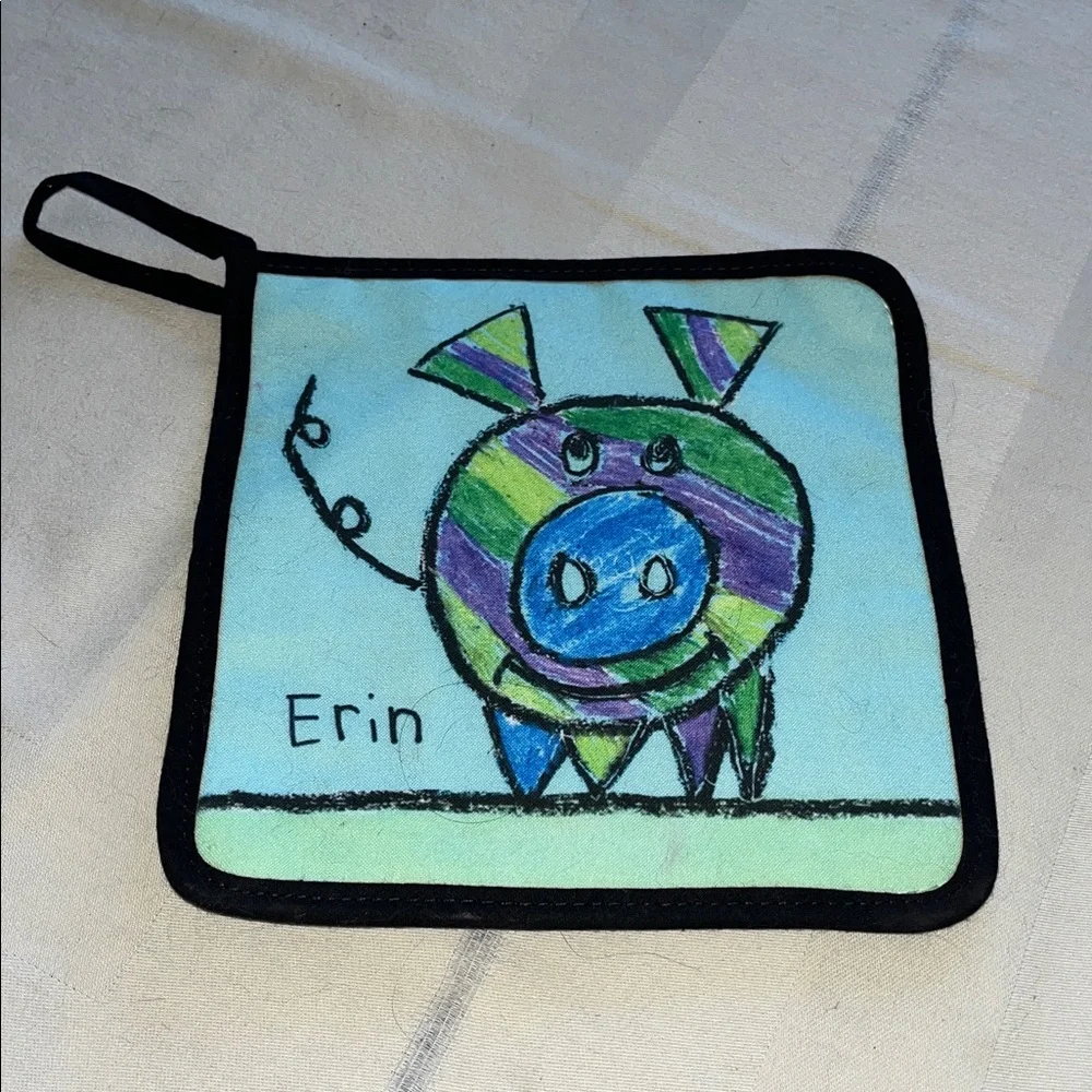 Decorative Pot Holder Featuring A Child’s Drawing Of A Pig And Name “Erin”